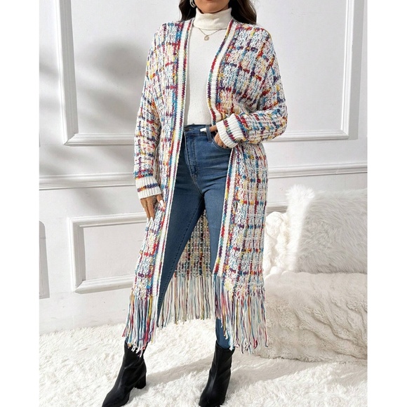 Plus Multicolor Fringe Hem Open Front Long Cardigan - Picture 1 of 7
